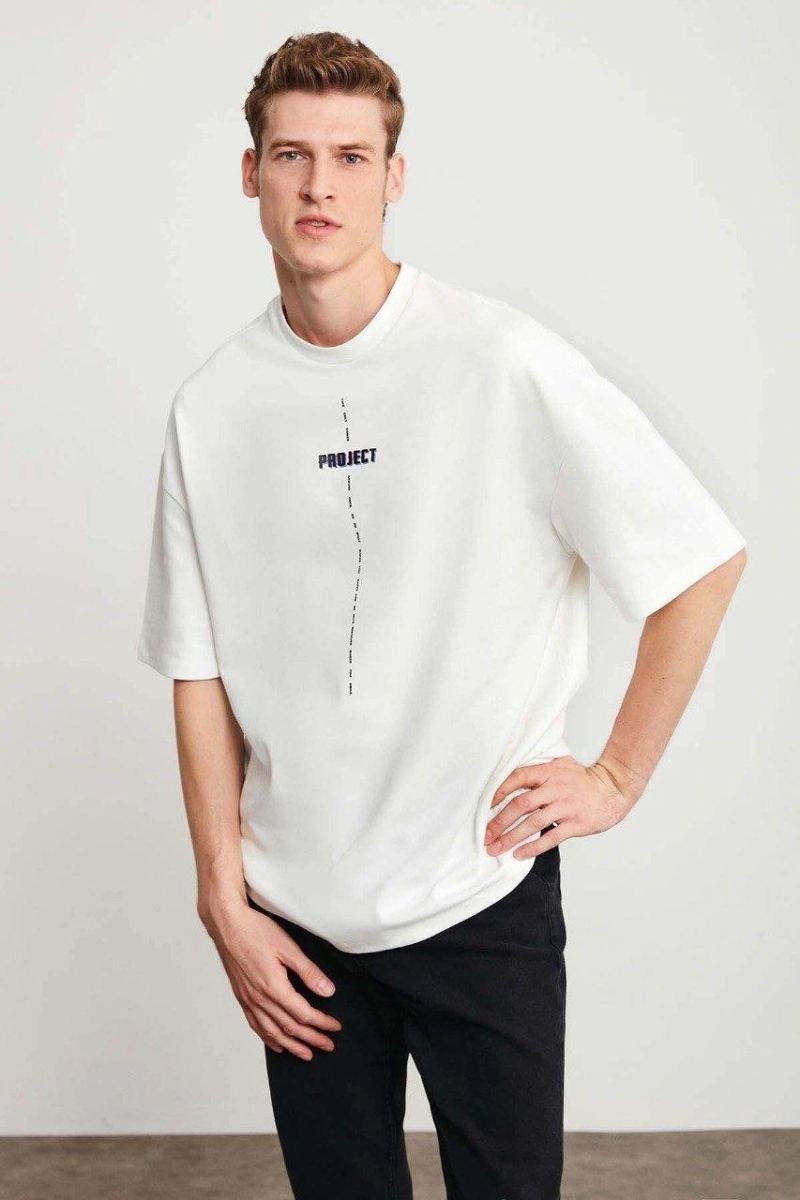 Erkek Baskılı T-Shirt Kısa Kol Bisiklet Yaka Regular Fit Rahat Kalıp Tişört - Beyaz
