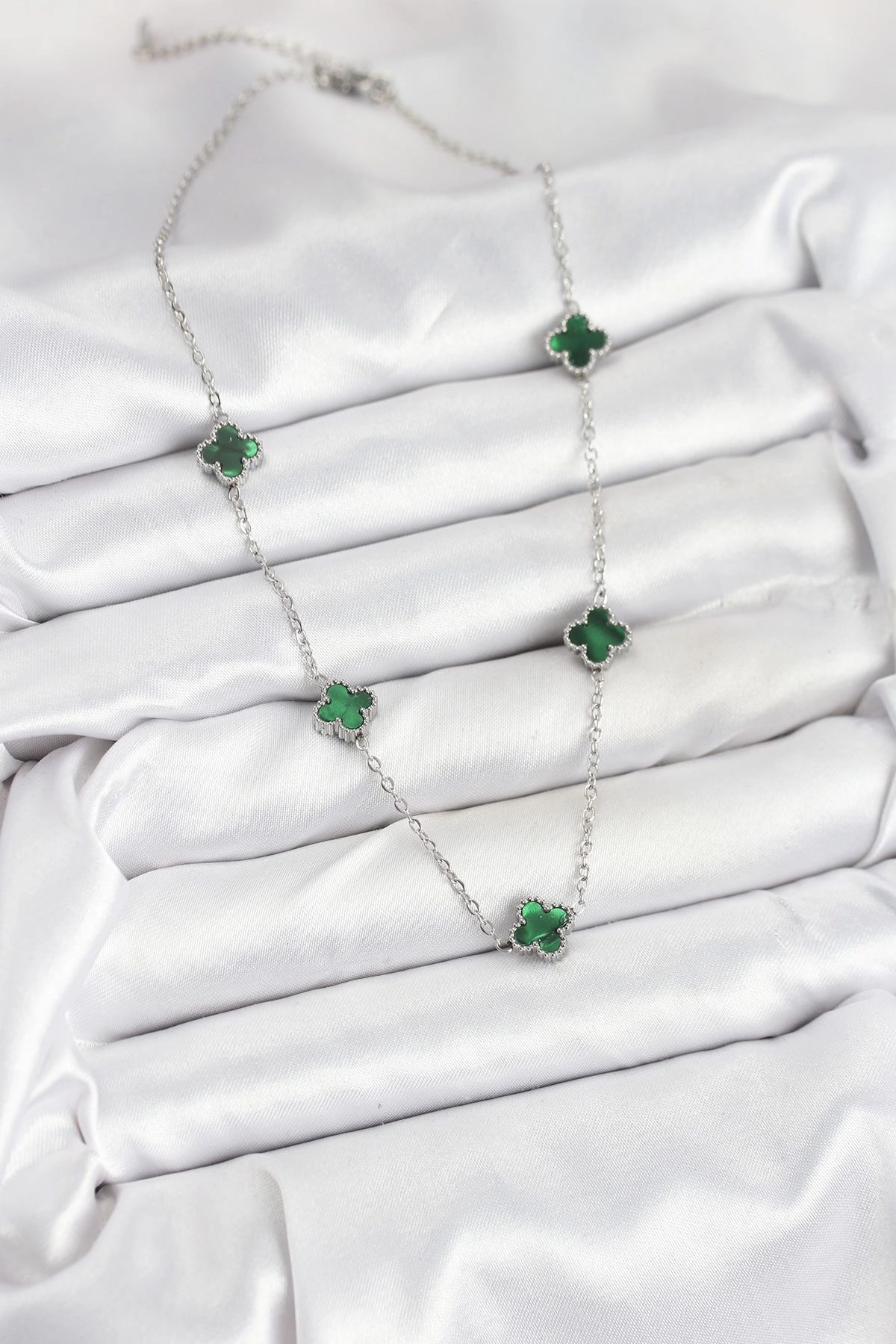 316L Çelik Zincir Gümüş Renk Yeşil Baby Boy Yonca Kadın Kolye