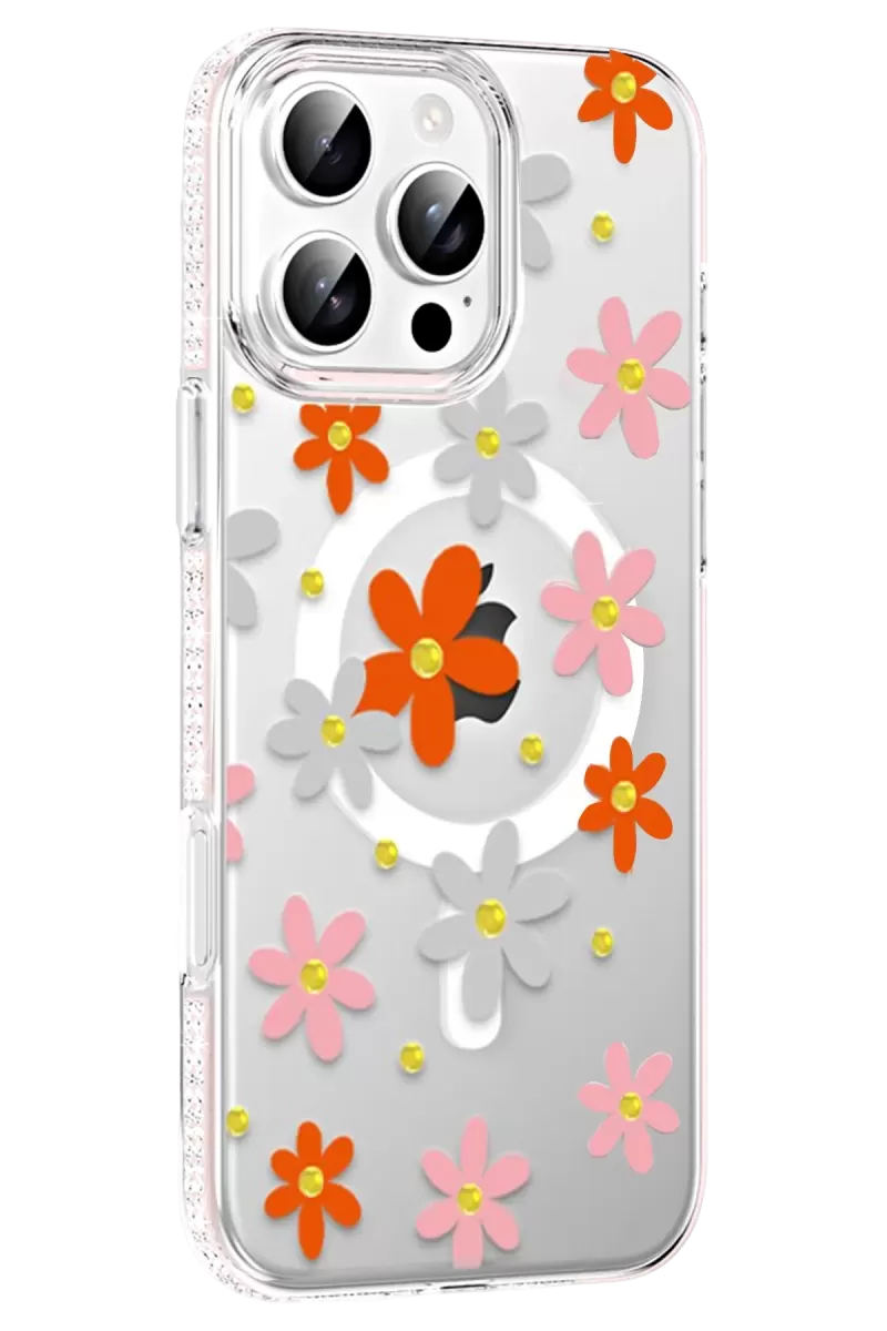 iPhone 16 Pro Floral Magsafe Kapak - Turuncu