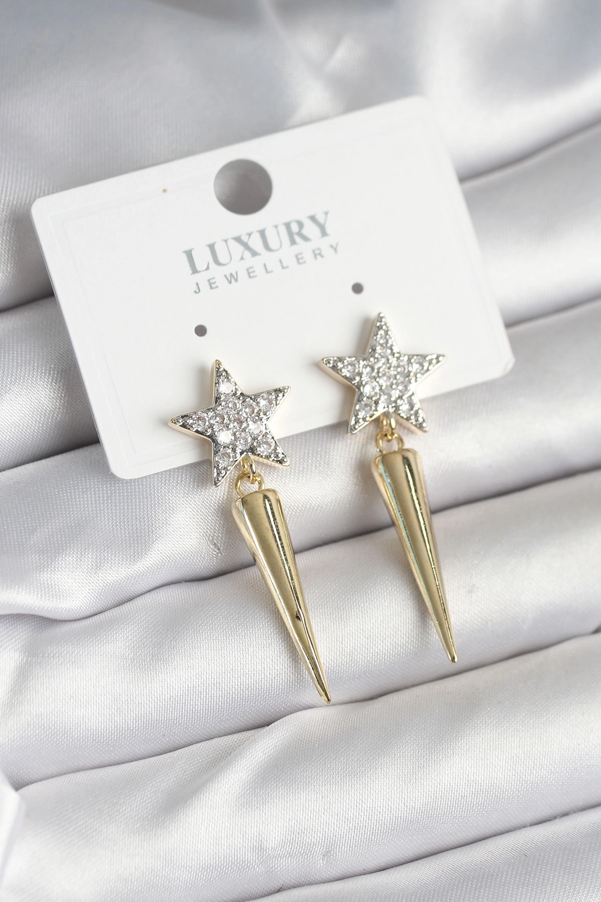 Pirinç Gold Renk Zirkon Taşlı Yıldız Model Çivi Kadın Küpe