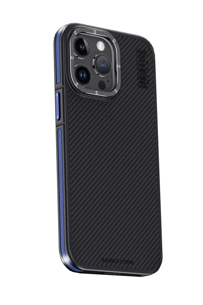 iPhone 15 Pro Kılıf Aramid 600D Kevlar Karbon Fiber Magsafe Kapak - Lacivert