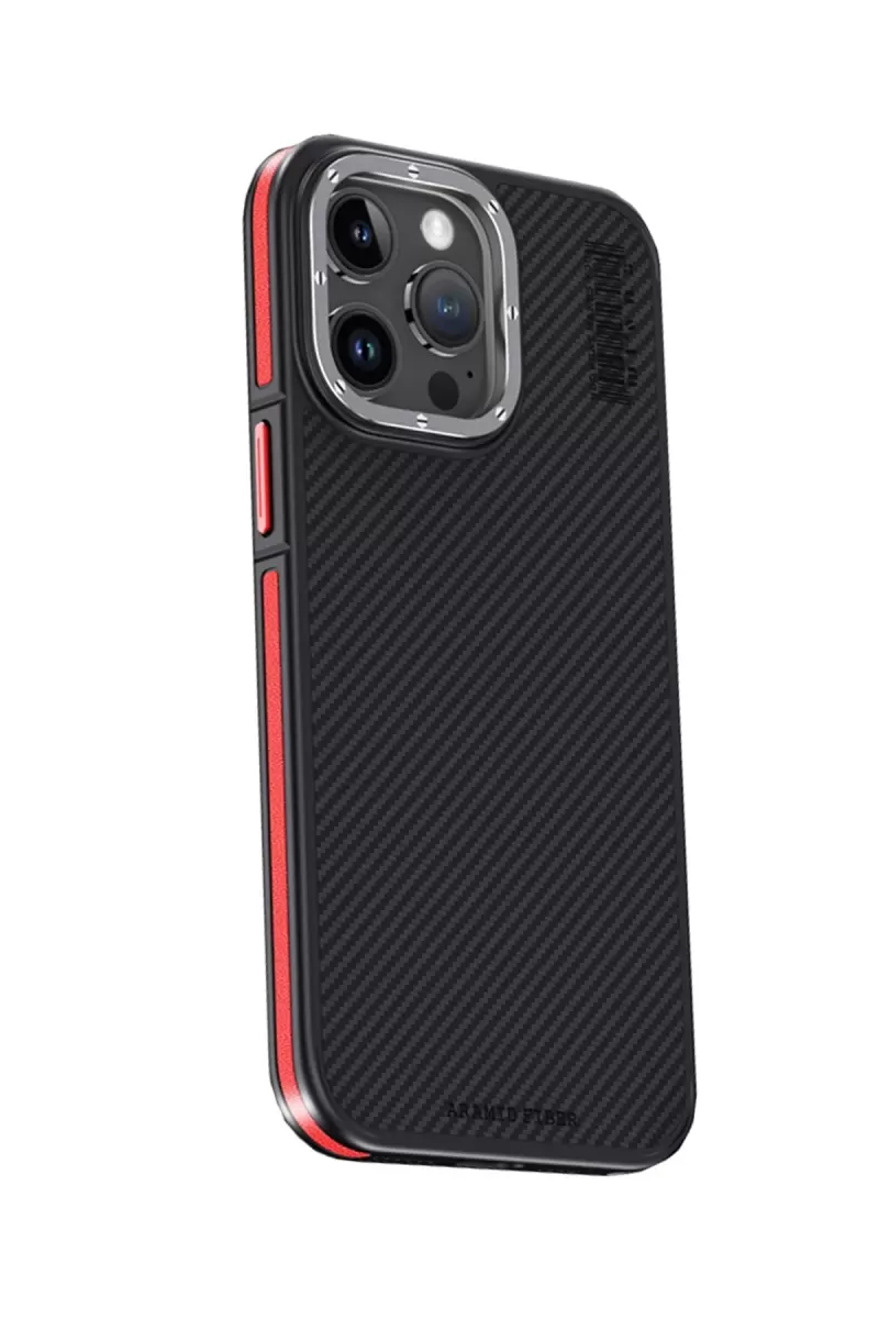 iPhone 15 Pro Kılıf Aramid 600D Kevlar Karbon Fiber Magsafe Kapak - Kırmızı