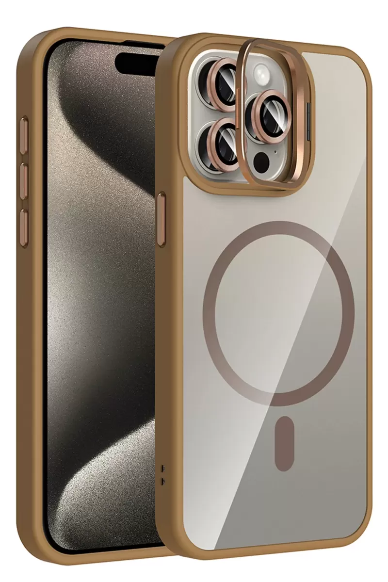 iPhone 14 Pro Max Remim Lensli Magsafe Standlı Kapak - Kahverengi