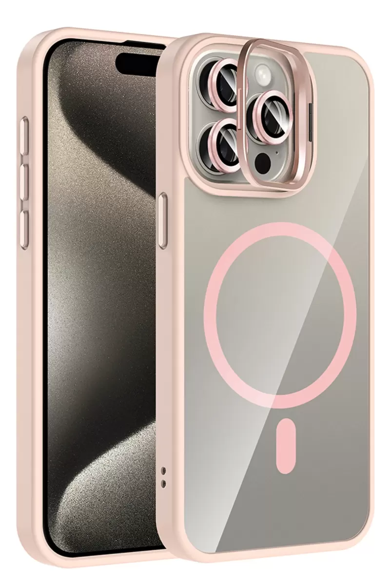 iPhone 14 Pro Max Remim Lensli Magsafe Standlı Kapak - Pembe