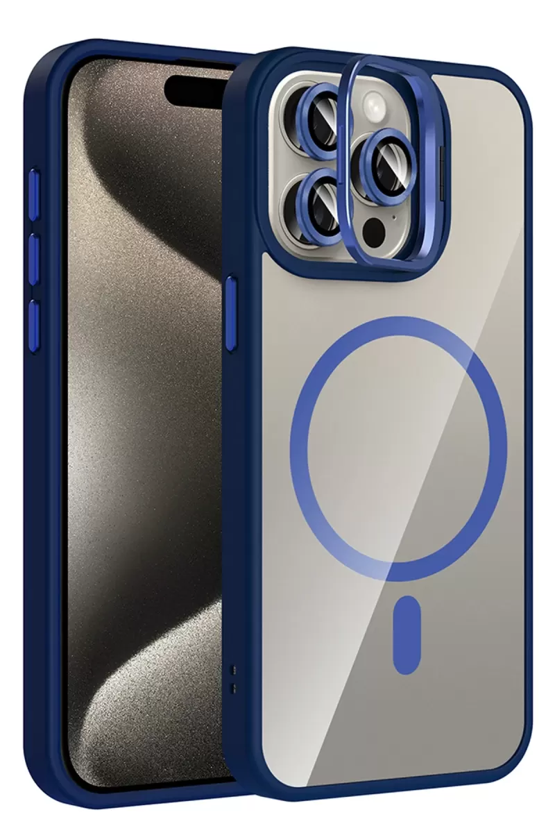 iPhone 15 Pro Max Remim Lensli Magsafe Standlı Kapak - Lacivert
