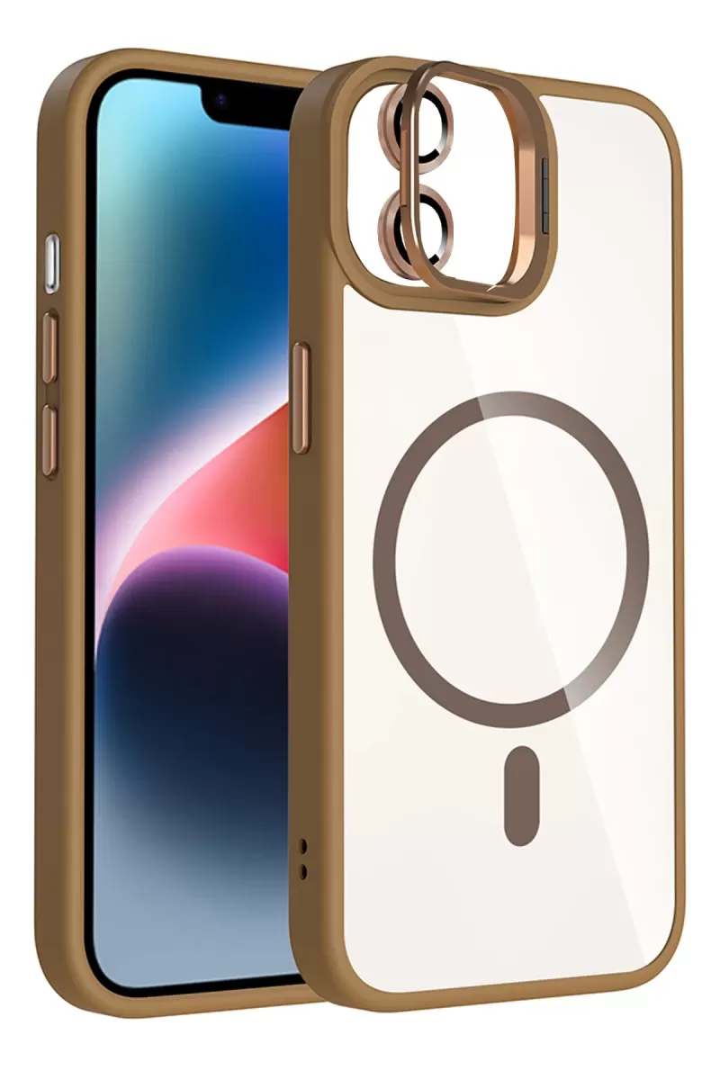 iPhone 11 Remim Lensli Magsafe Standlı Kapak - Kahverengi