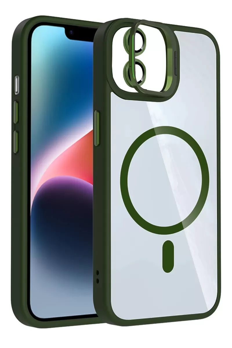 iPhone 11 Remim Lensli Magsafe Standlı Kapak - Koyu Yeşil