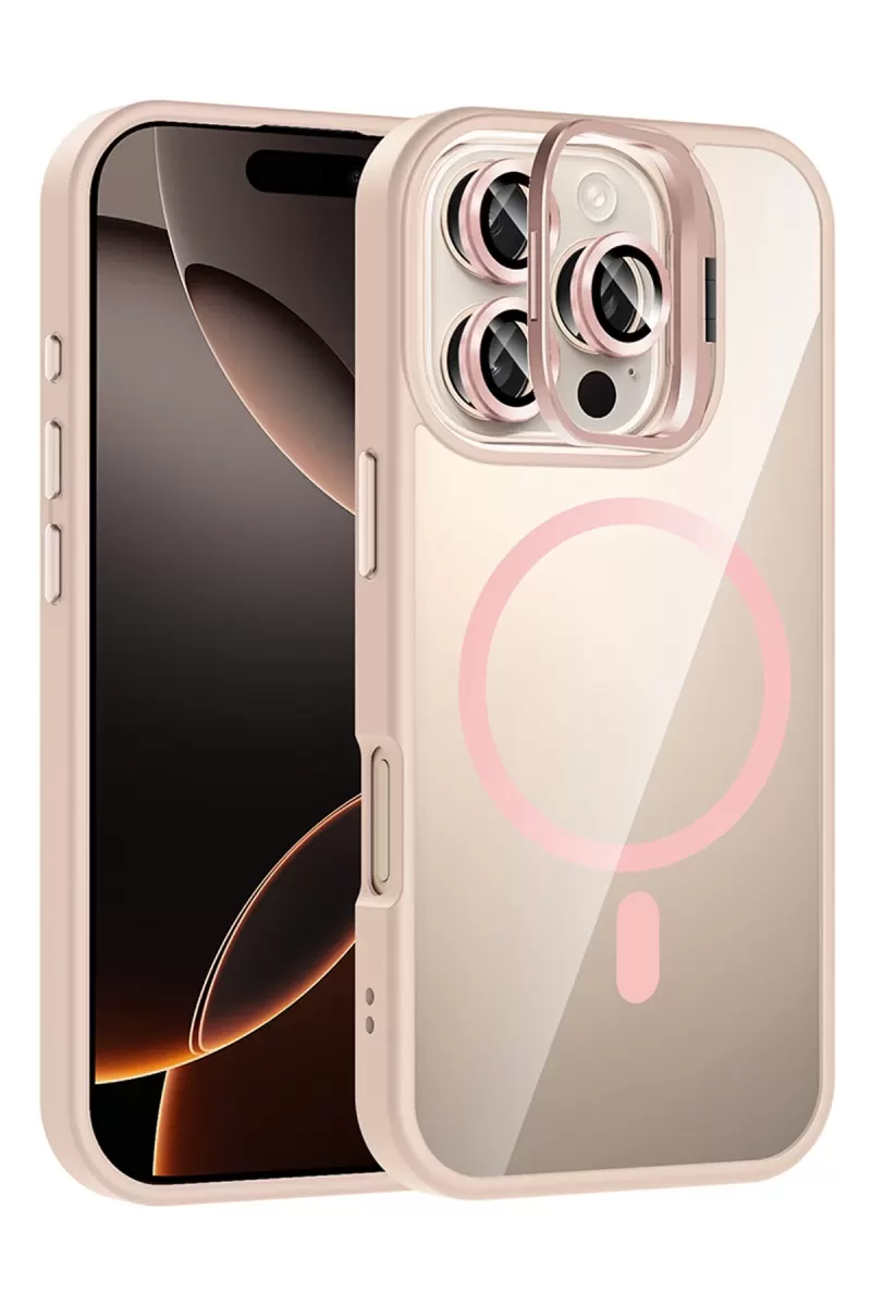 iPhone 16 Pro Max Remim Lensli Magsafe Standlı Kapak - Pembe