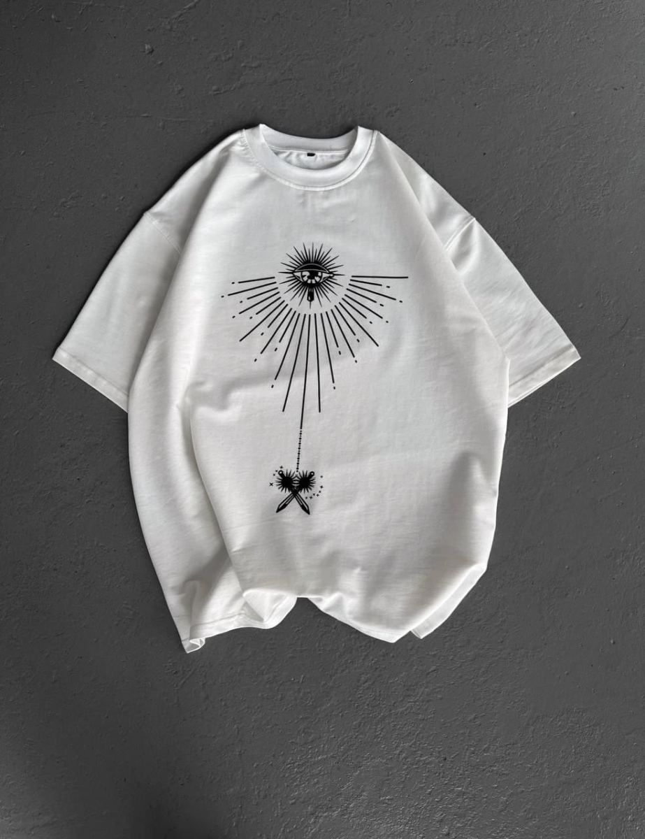 Erkek Kısa Kol Tişört Bisiklet Yaka GÜL Baskılı Oversize T-Shirt - Beyaz