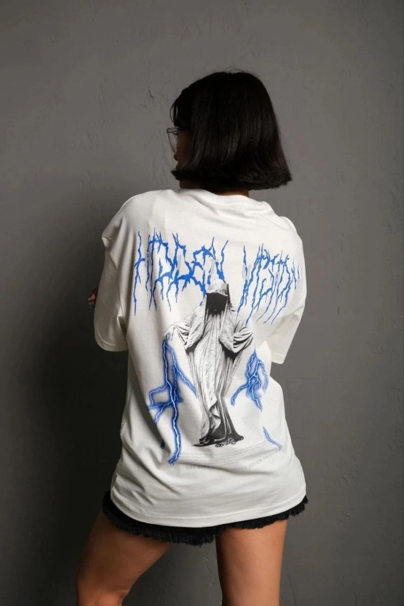 kadın Bisiklet Yaka Baskılı Oversize Kısa kol  T-Shirt - Beyaz