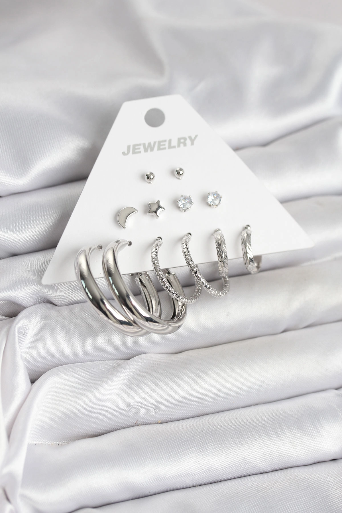 Pirinç Gümüş Renk Halka Modelli 6 Çift Kadın Küpe