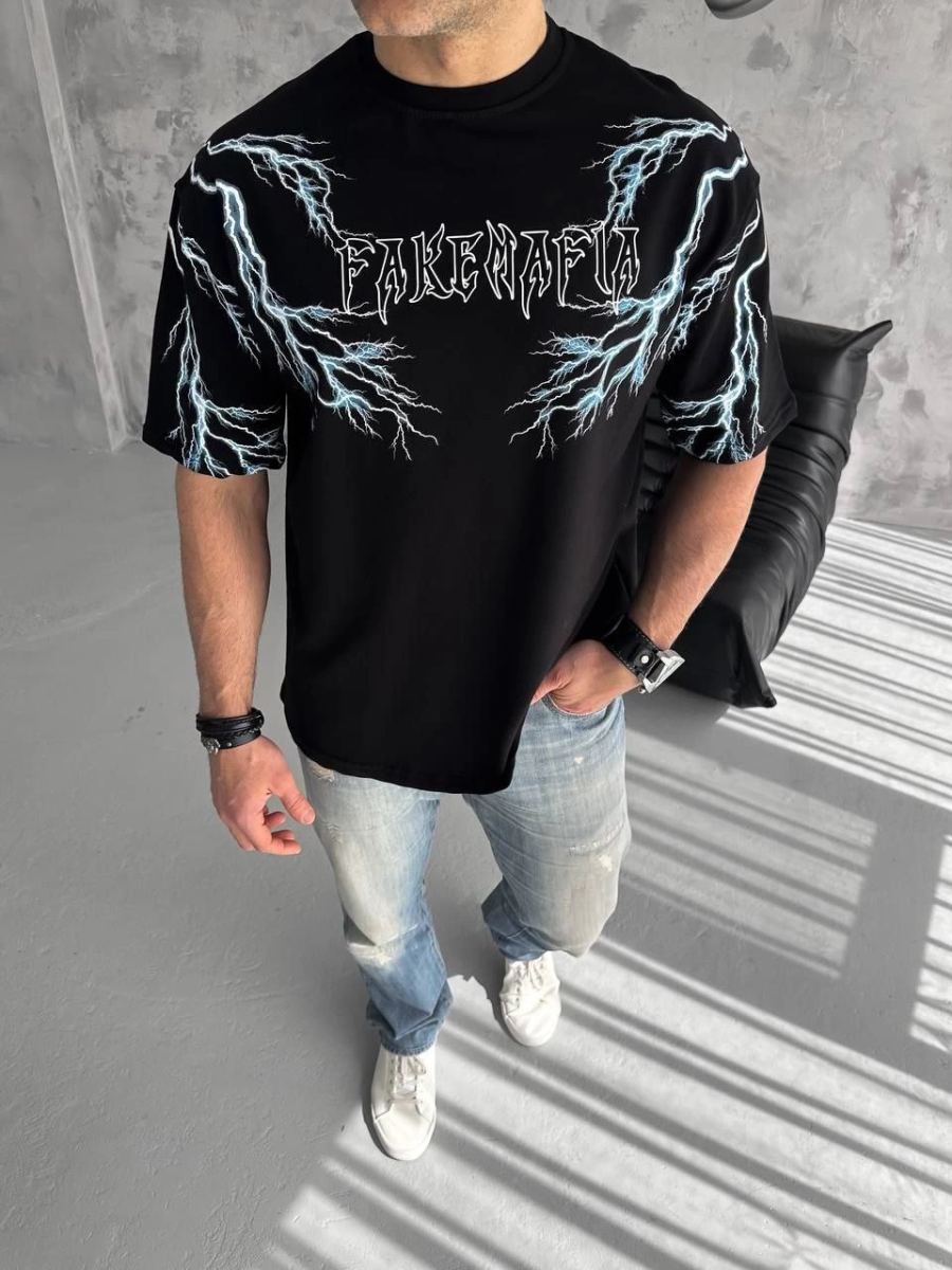 ERKEK Bisiklet Yaka Yıldırım Baskılı  Kısa kol T-Shirt-Siyah