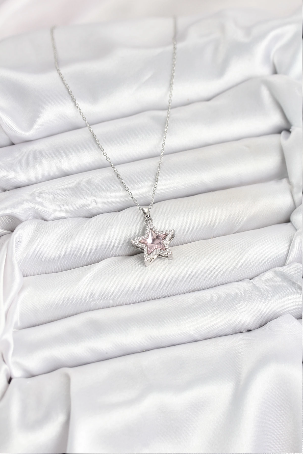 316L Çelik Zincir Gümüş Renk Pembe Taşlı Yıldız Model Kadın Kolye