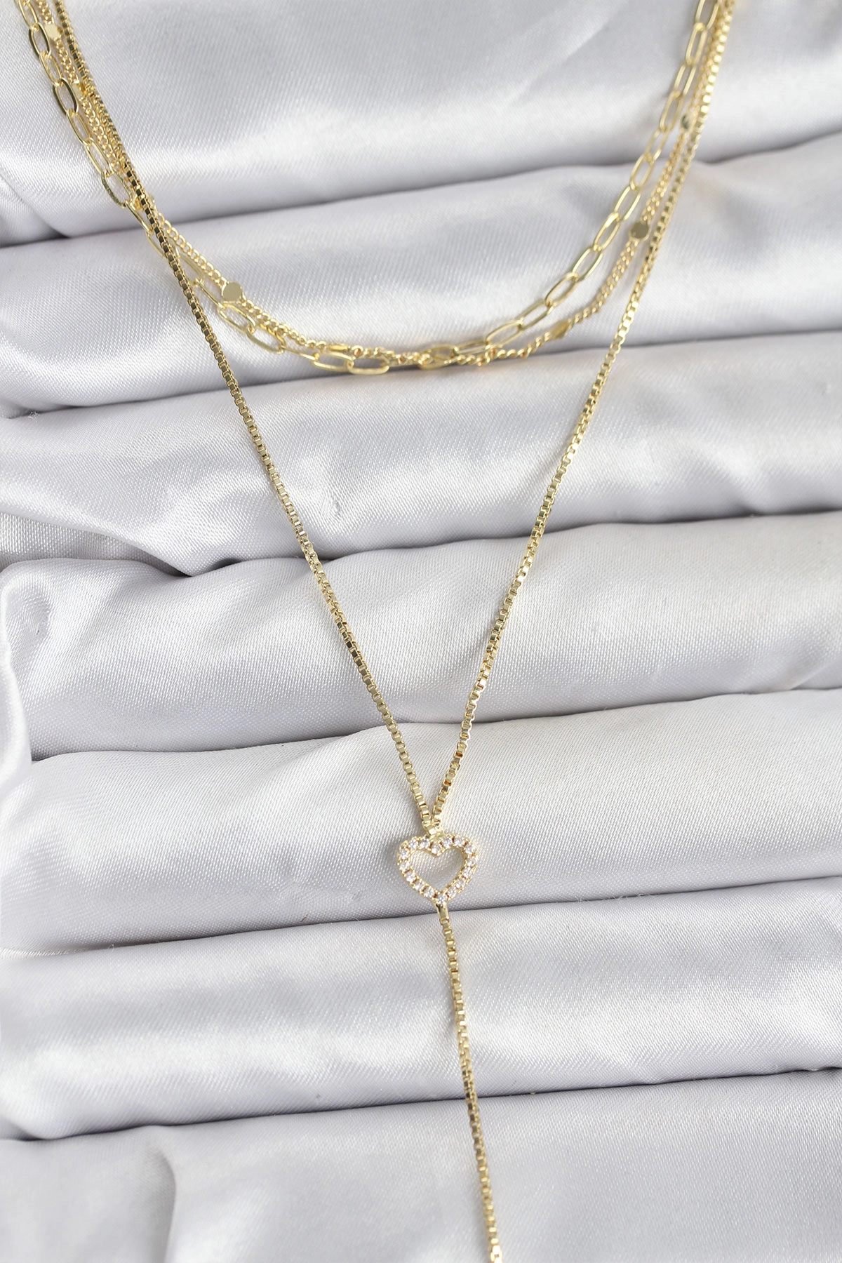 Pirinç Gold Renk Kalp Detaylı 3'lü Kombin Y Kadın Kolye