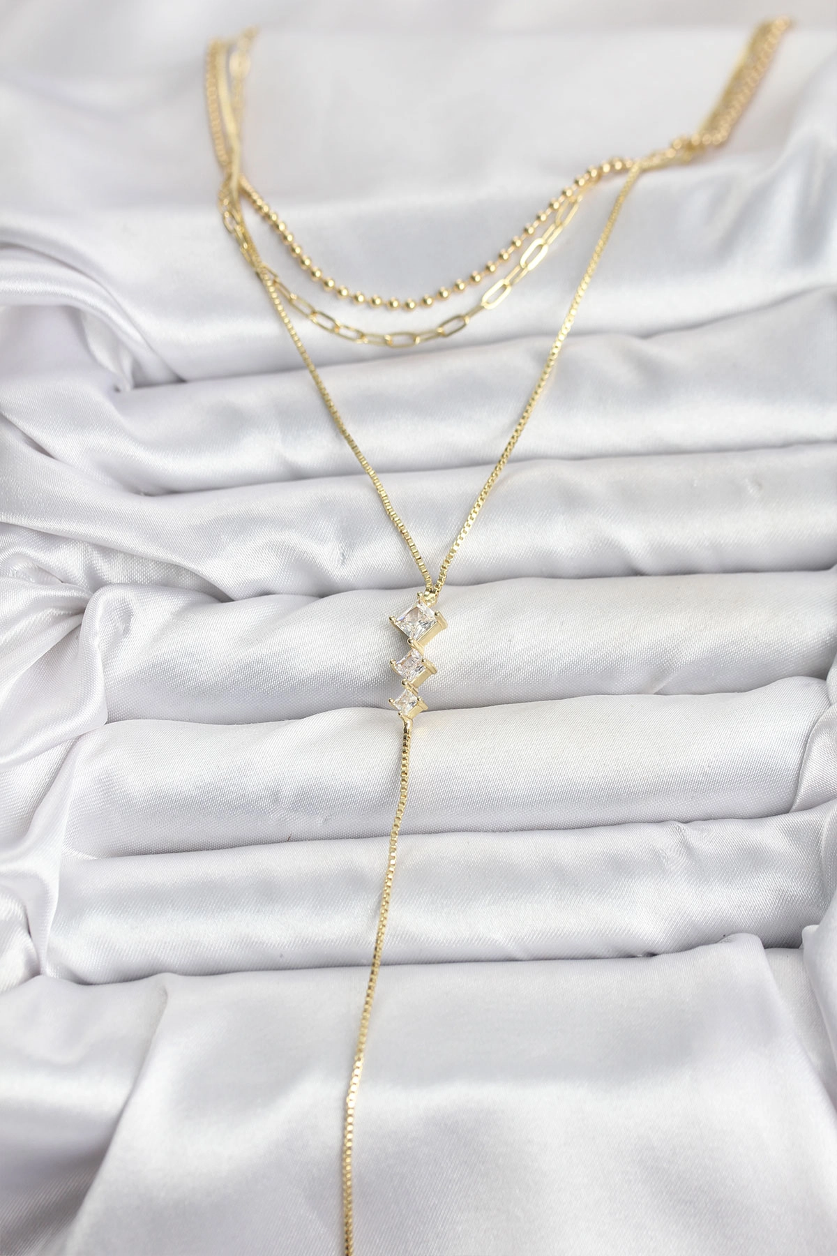 Pirinç Gold Renk Zirkon Taş Detaylı 3'lü Kombin Y Kadın Kolye