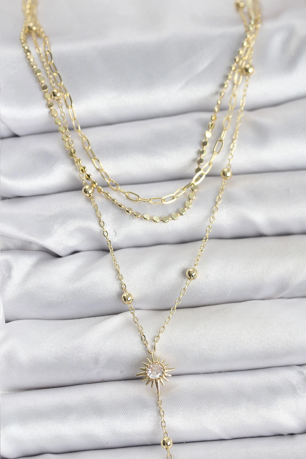 Pirinç Gold Renk Güneş Model Detaylı 3'lü Kombin Y Kadın Kolye