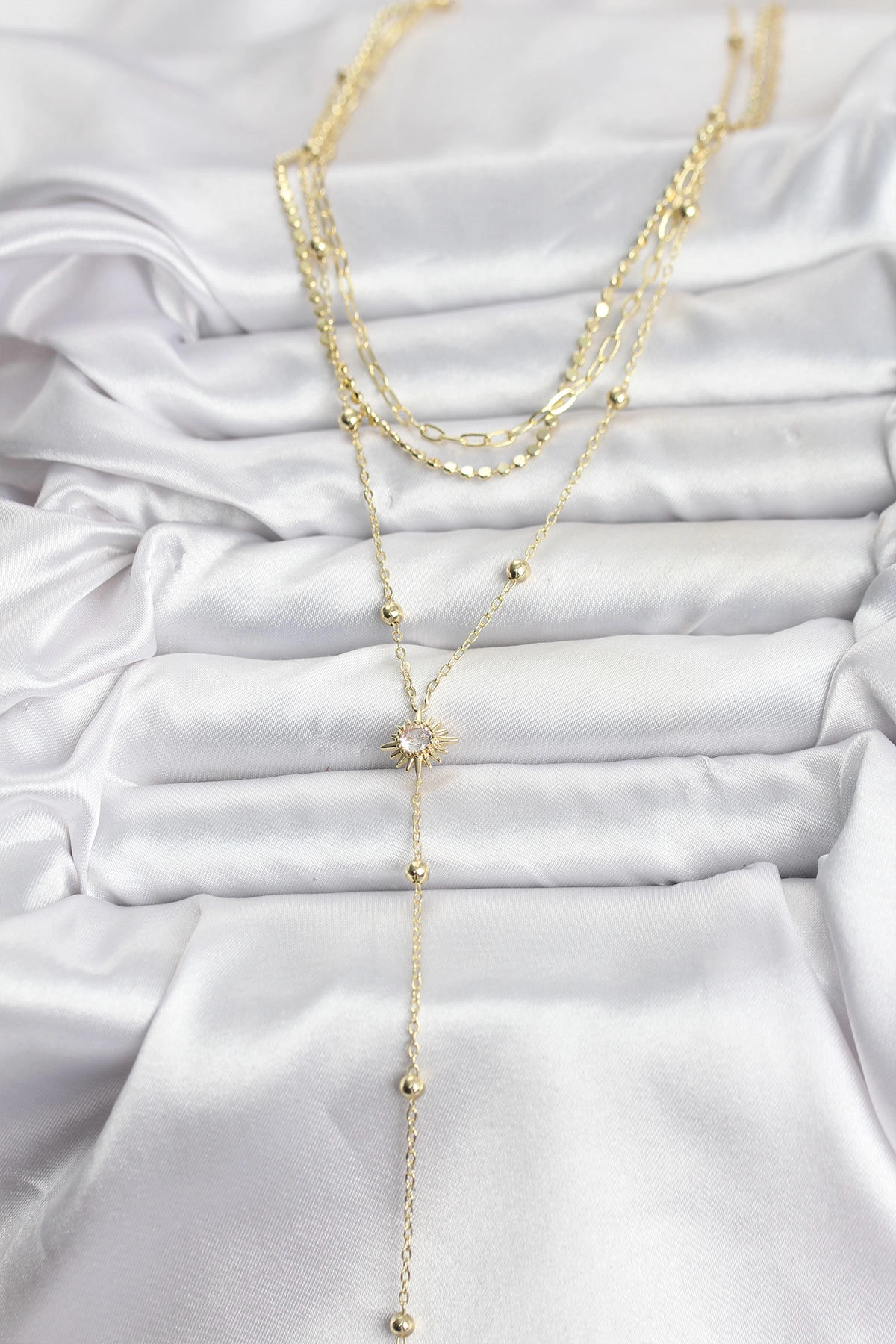 Pirinç Gold Renk Güneş Model Detaylı 3'lü Kombin Y Kadın Kolye