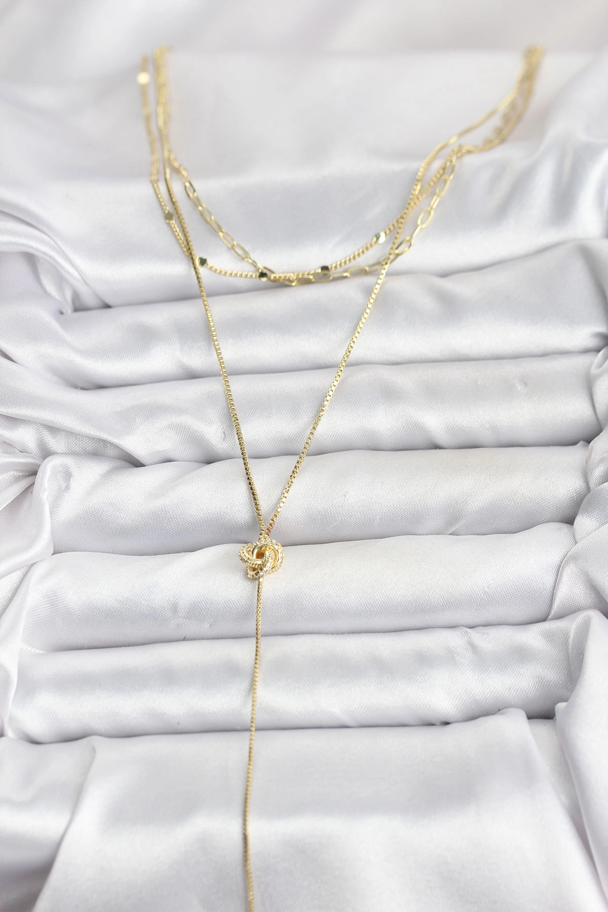 Pirinç Gold Renk Düğüm Model Detaylı 3'lü Kombin Y Kadın Kolye