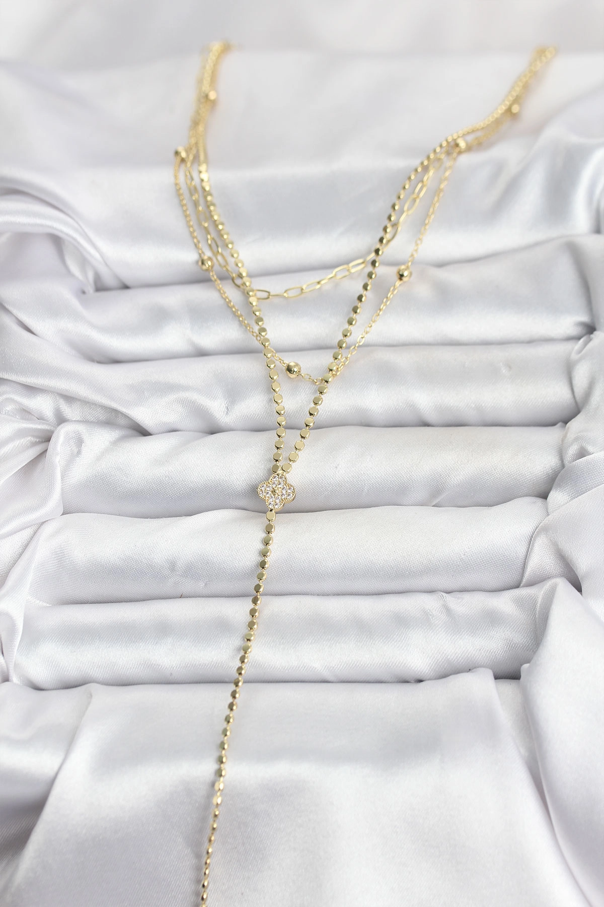 Pirinç Gold Renk Zirkon Taşlı Yonca Model Detaylı 3'lü Kombin Y Kadın Kolye