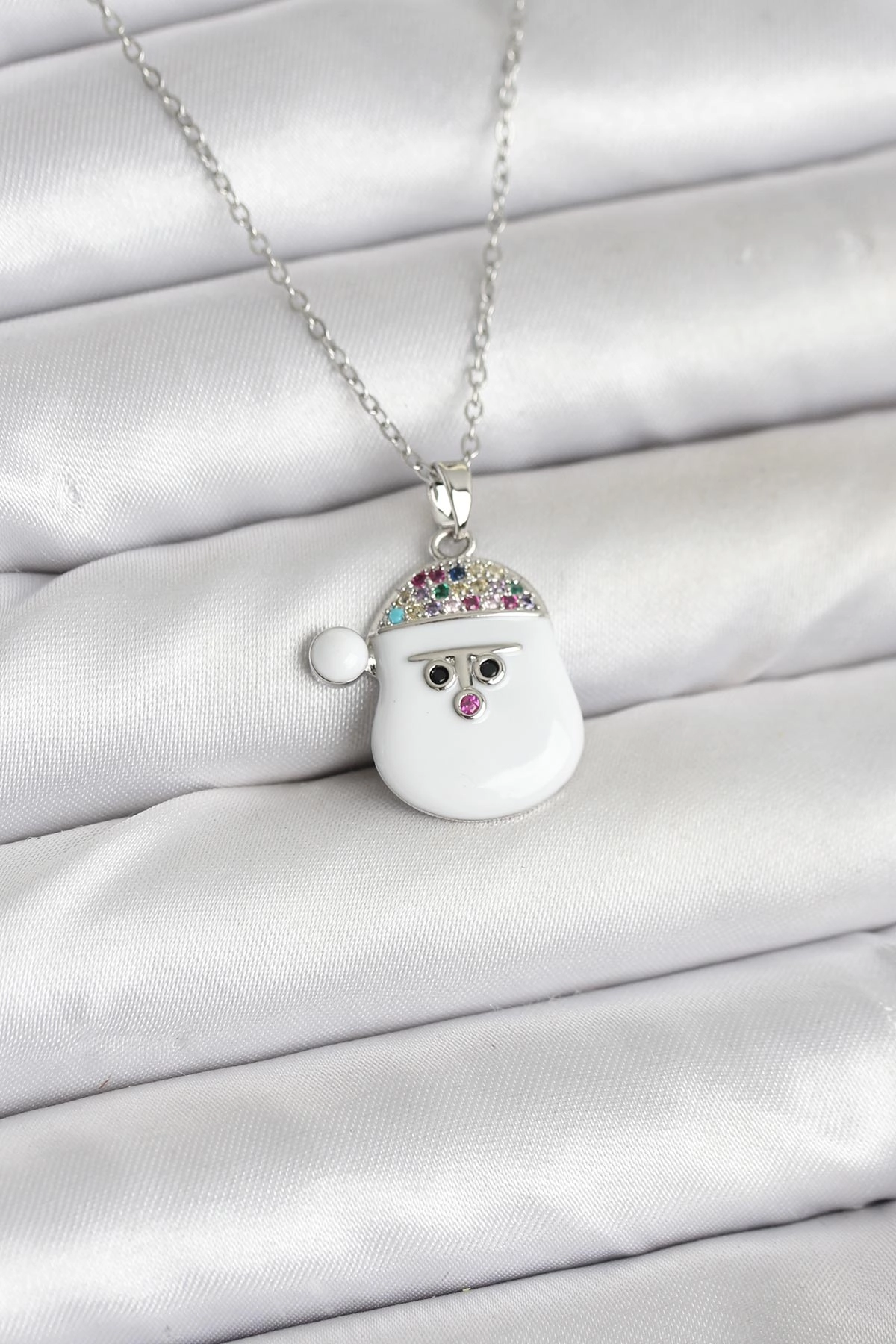 316L Çelik Zincir Gümüş Renk Şapkalı Kardan Adam Kafası Model Yılbaşı Temalı Kadın Kolye