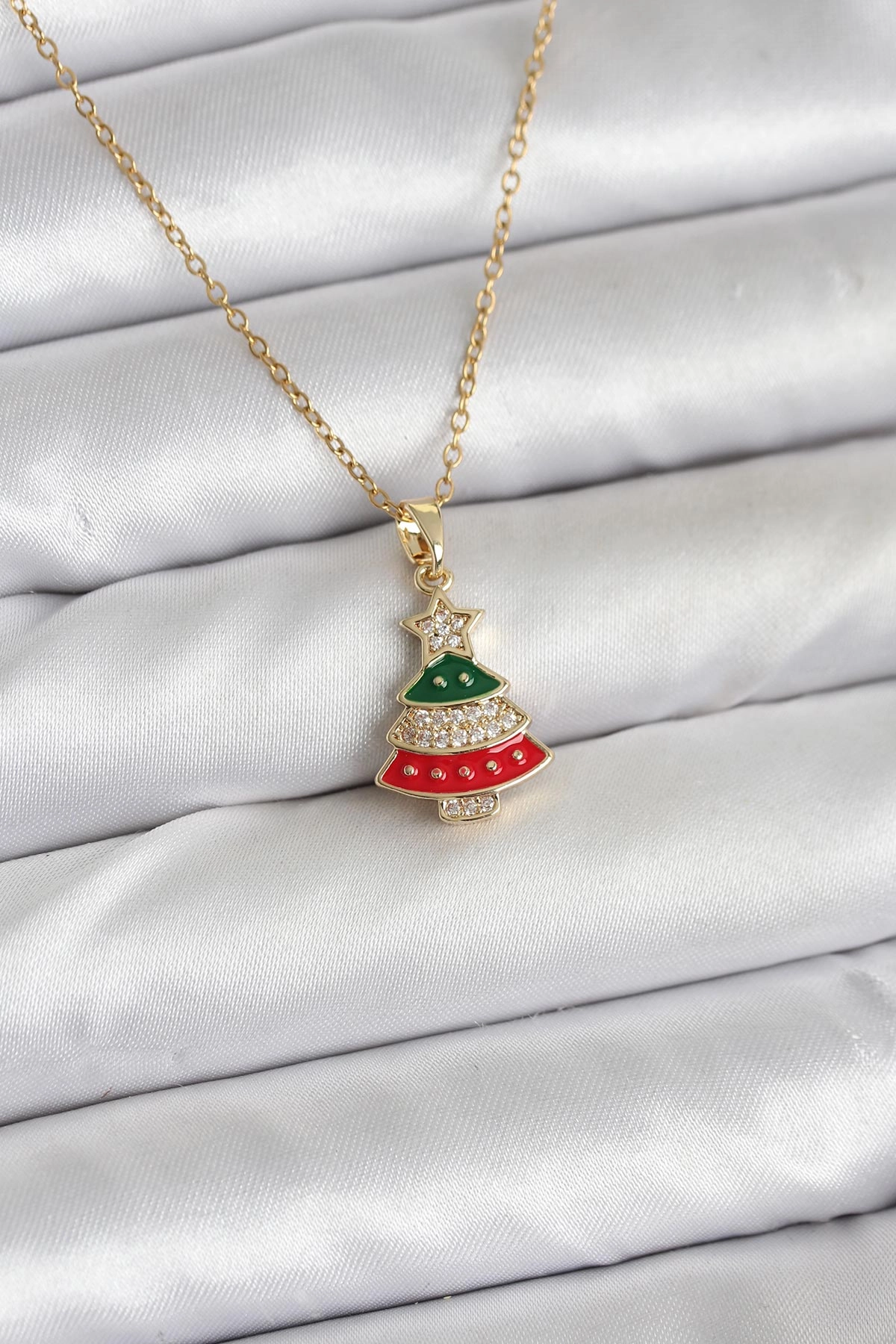 316L Çelik Zincir Gold Ren Çam Ağacı Model Zirkon Taşlı Yılbaşı Temalı Kadın Kolye