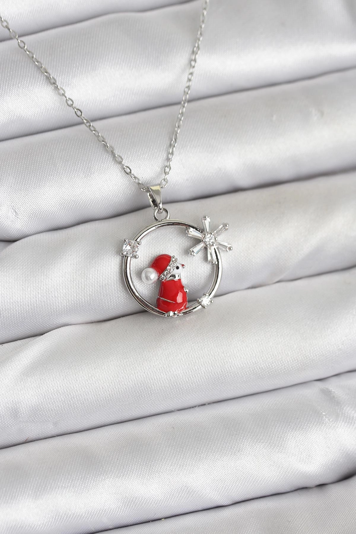 316L Çelik Zincir Gümüş Zirkon Taşlı Yılbaşı Tema Kadın Kolye