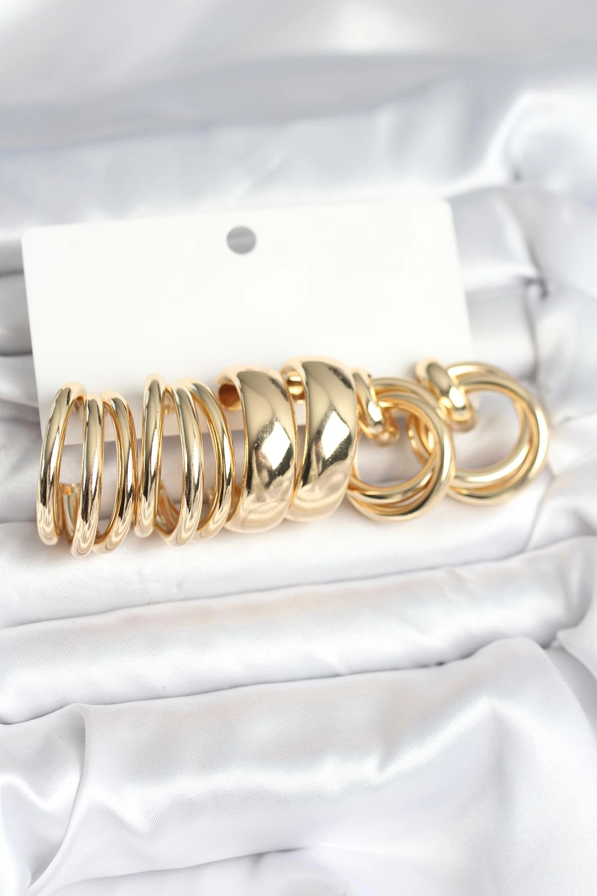 Pirinç Gold Renk 3 Çift Vintage Kadın Küpe Seti