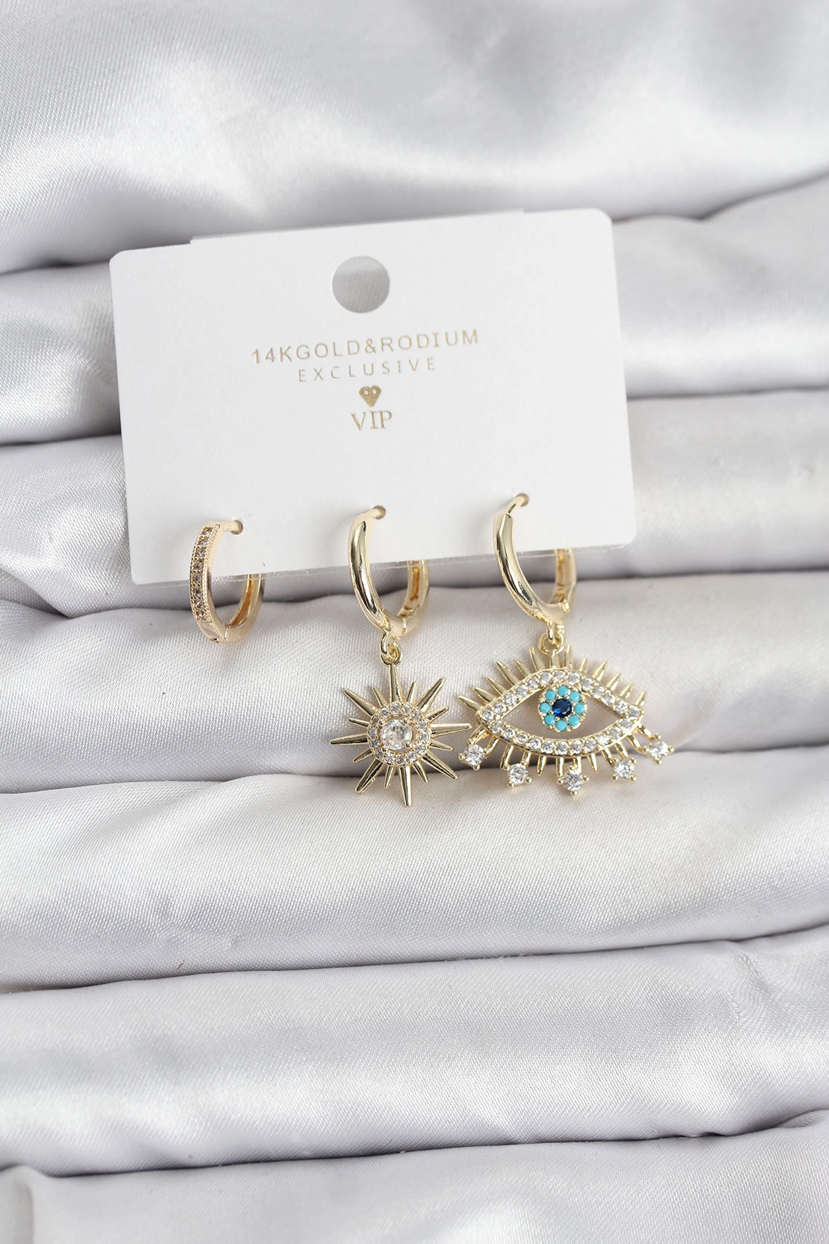 Göz Model Gold Renk Pirinç 3'lü Kadın Küpe Seti