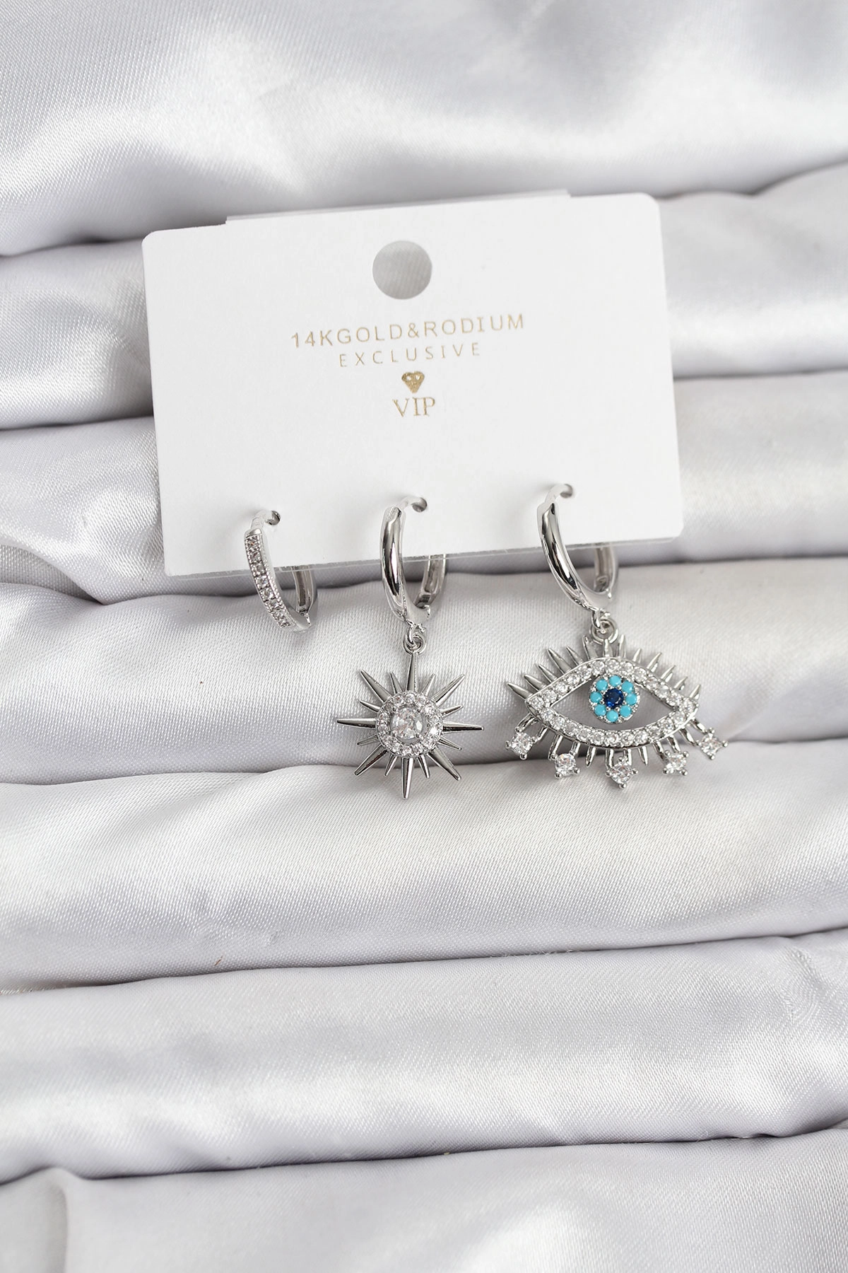 Göz Model Gümüş Renk Pirinç 3'lü Kadın Küpe Seti