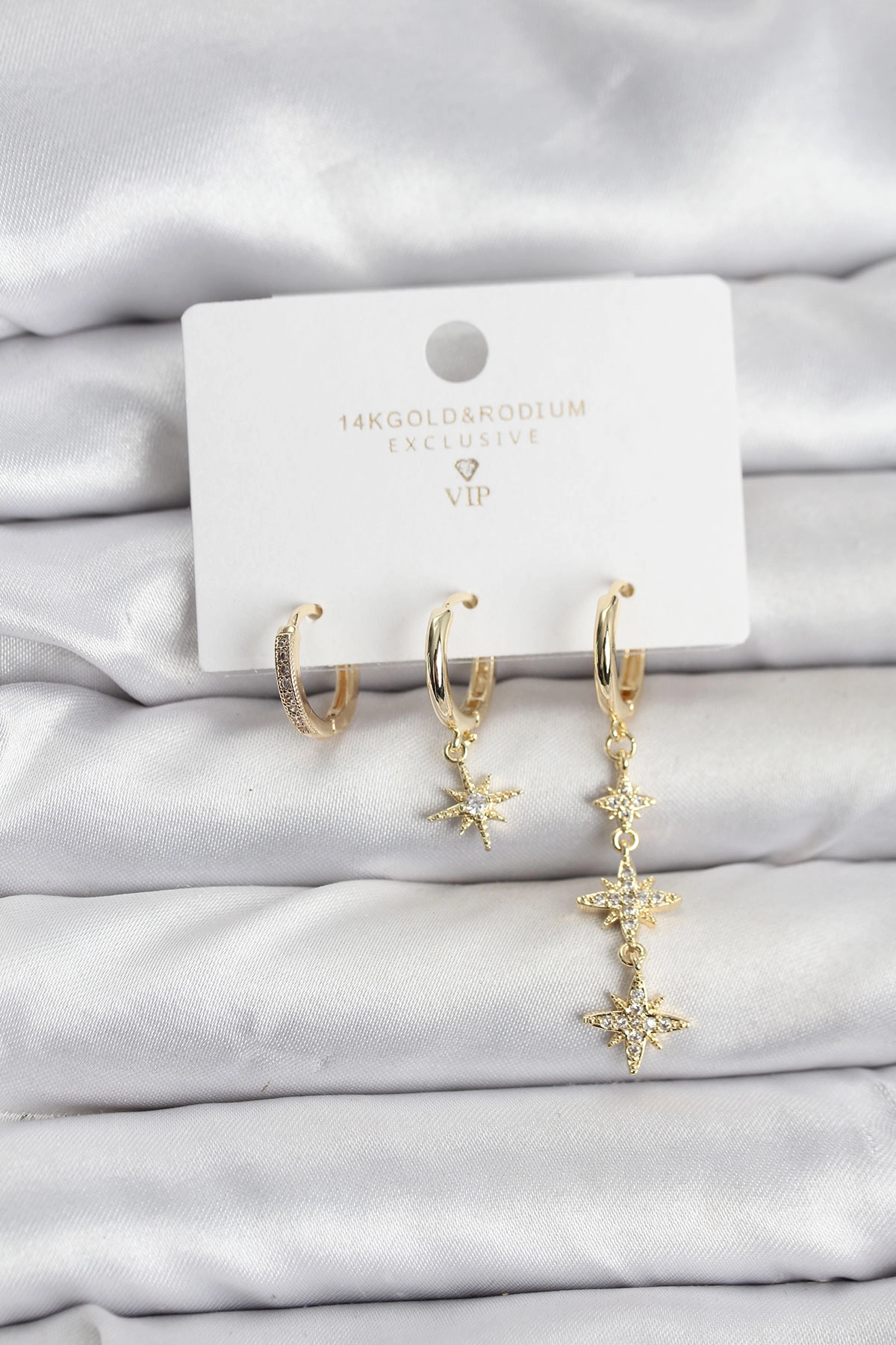 Kutup Yıldızı Model Gold Renk Pirinç 3'lü Kadın Küpe Seti