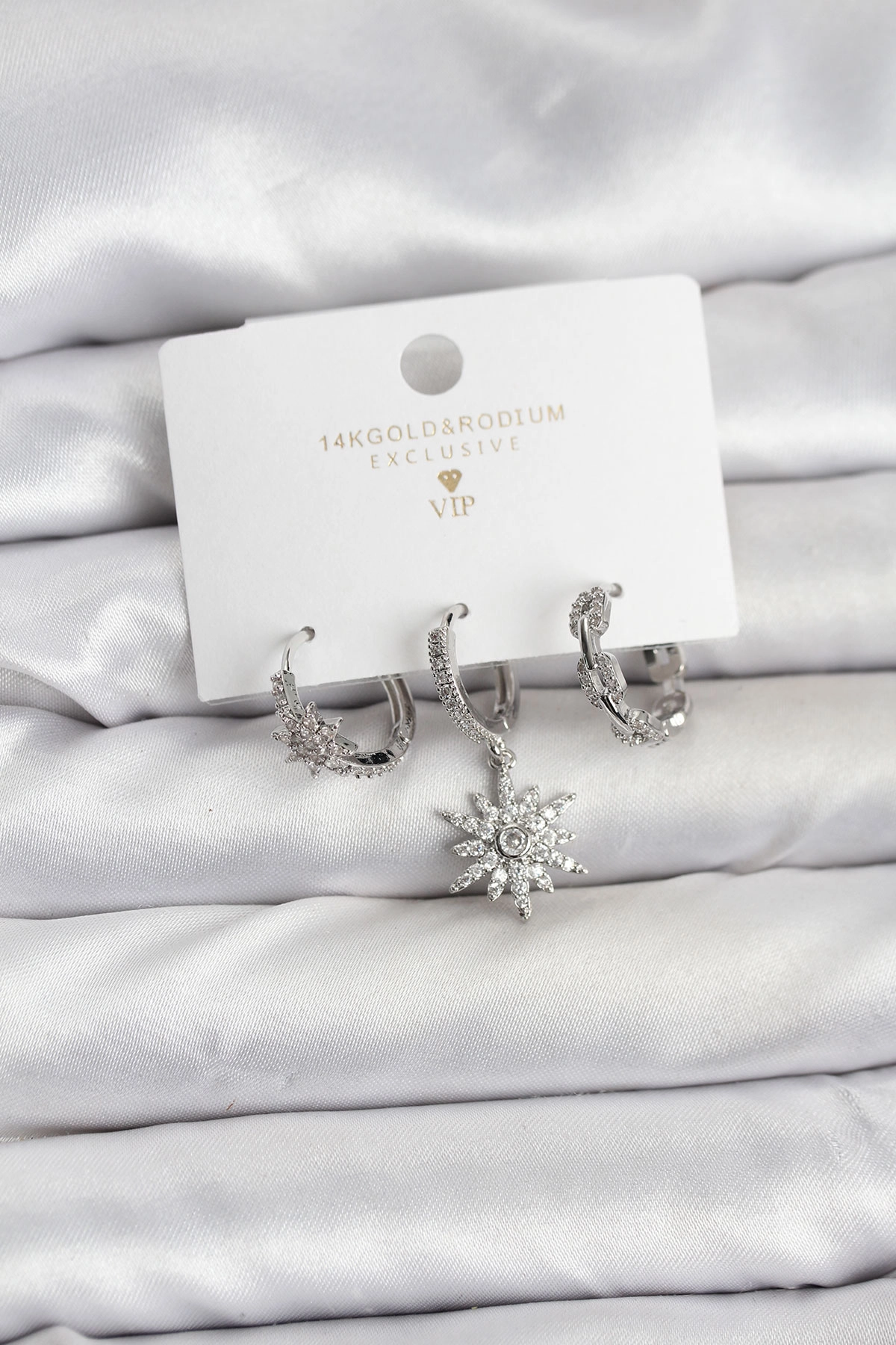 Pirinç Gümüş Renk Kutup Yıldızı Model 3'lü Kadın Küpe Seti