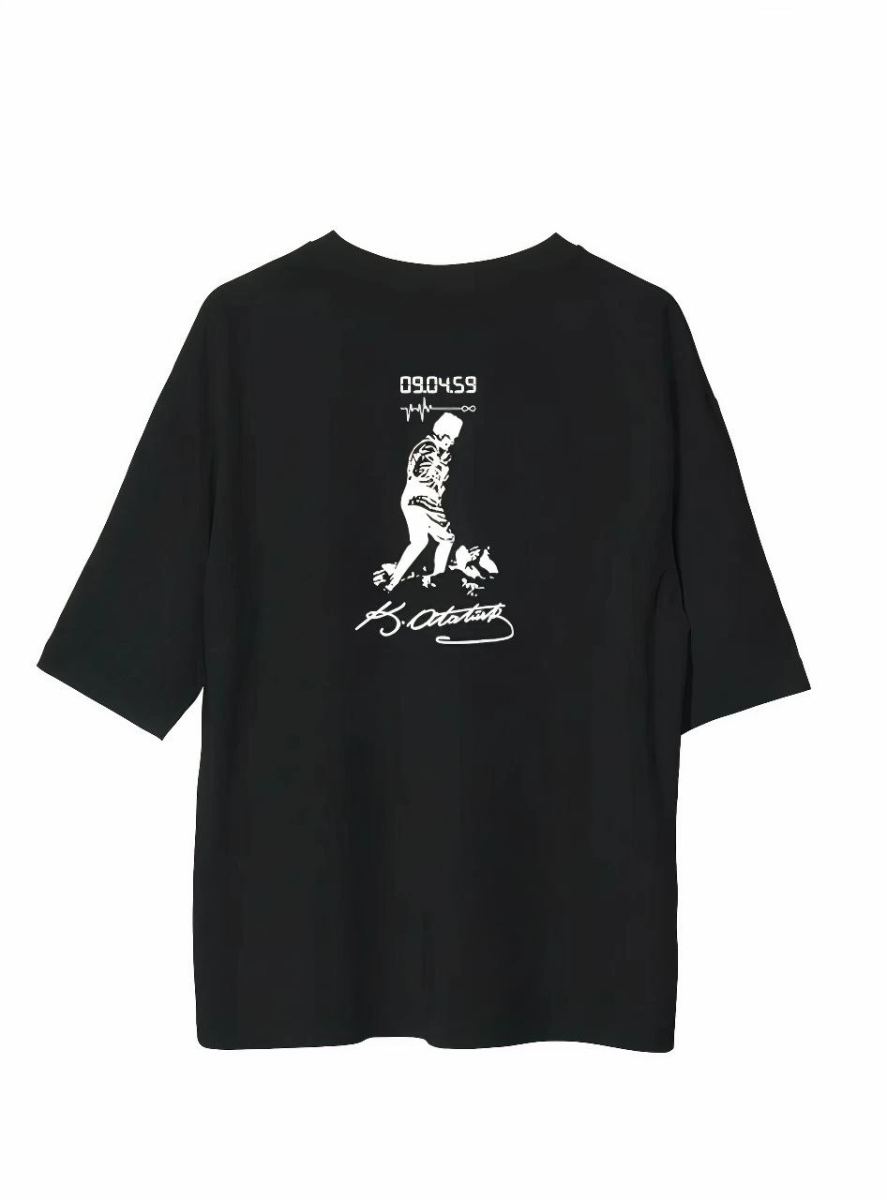Erkek Kısa Kol Tişört Bisiklet Yaka ATATÜRK Baskılı T-Shirt - Siyah