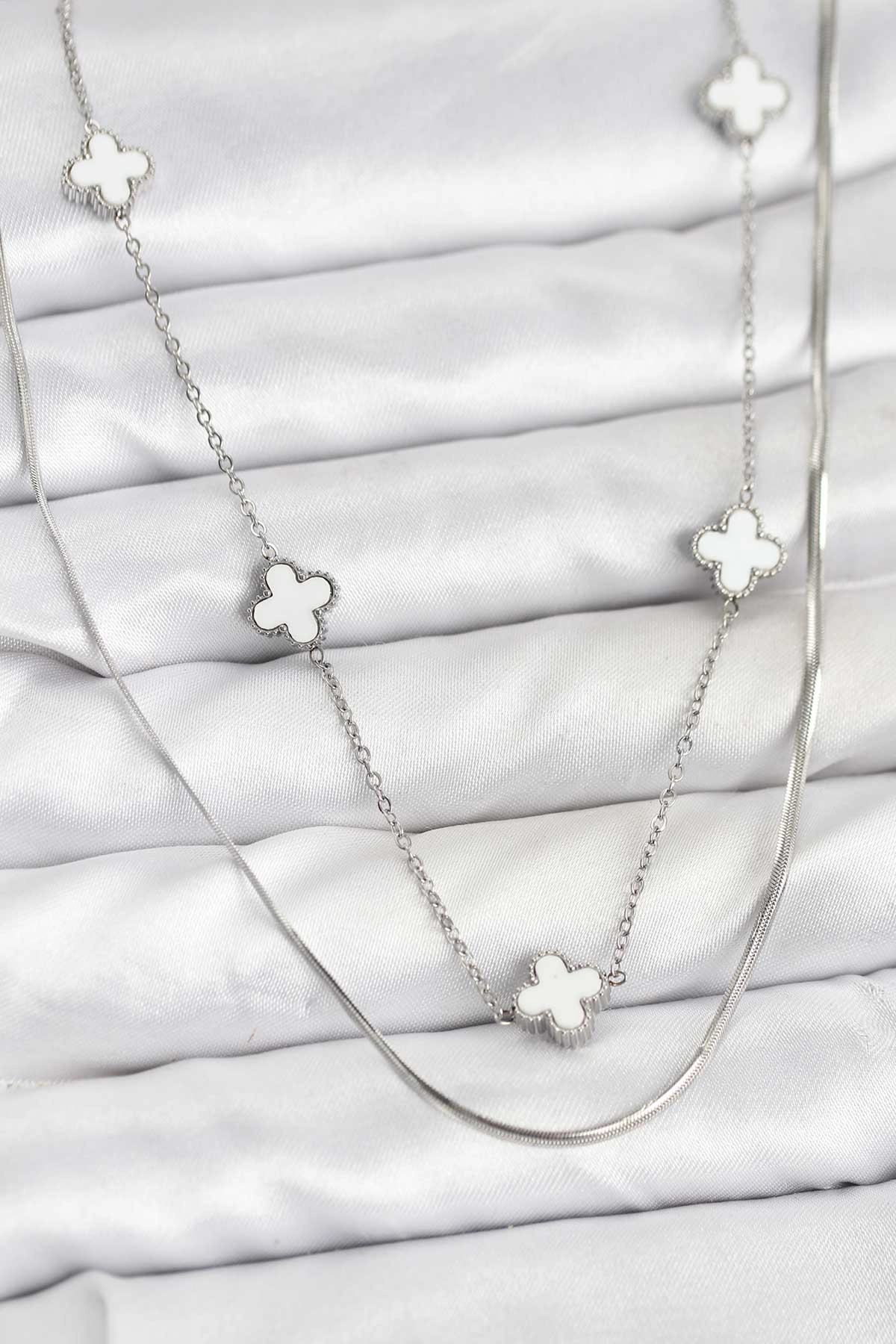 316L Çelik Zincir Gümüş Renk İtalyan Zincirli Yonca Model Kadın Kolye