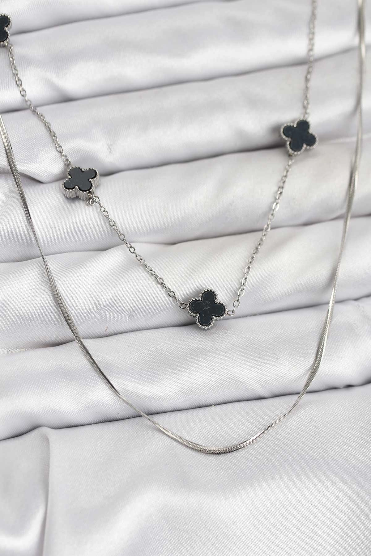 316L Çelik Zincir Gümüş Renk İtalyan Zincirli Siyah Yonca Model Kadın Kolye