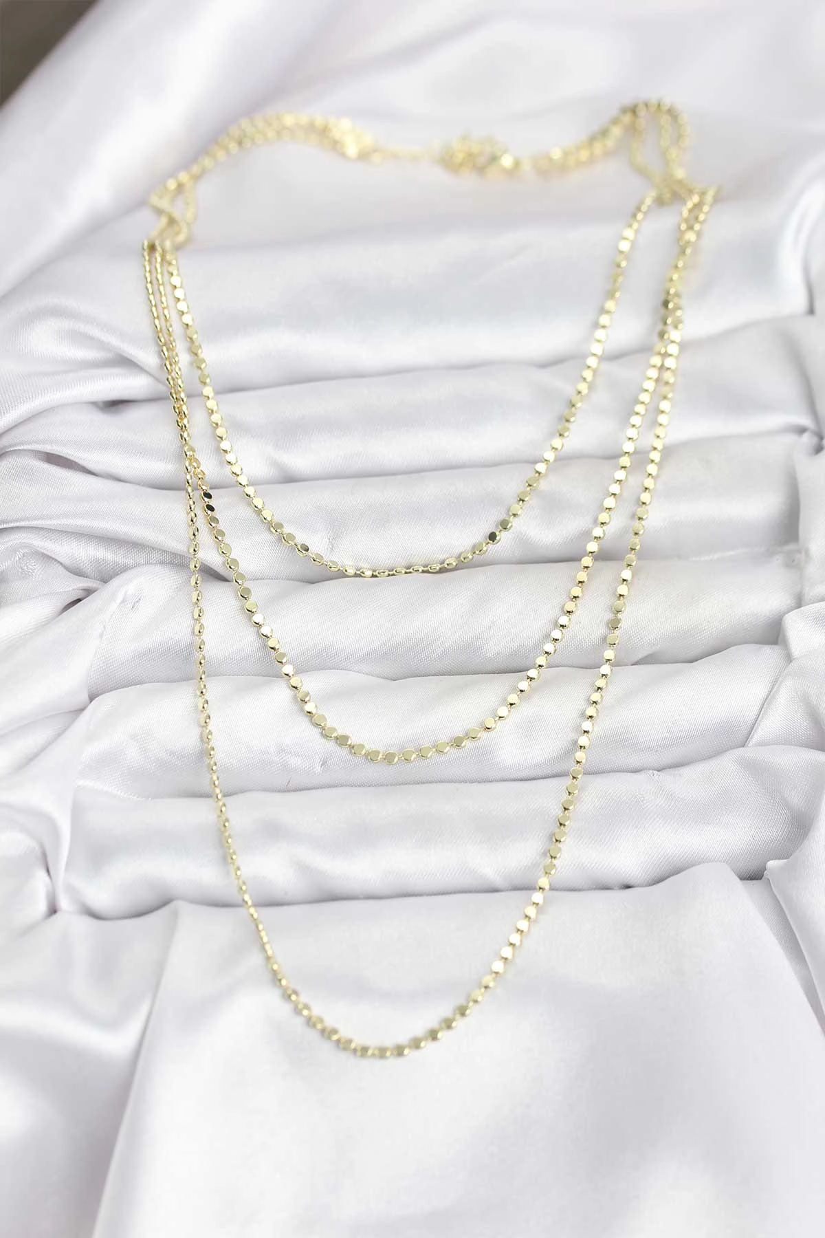 316L Çelik Zincir Gold Renk Ezme Zincir Model 3'lü Kadın Kolye