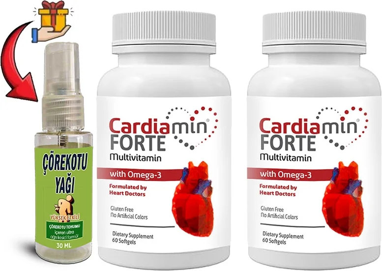 Cardiamin Forte: 2 Adet Multivitaminli OMEGA3LÜ 60 Soft Jel Kapsüllü Formül + 30 ml Çörek Otu Masaj Yağı