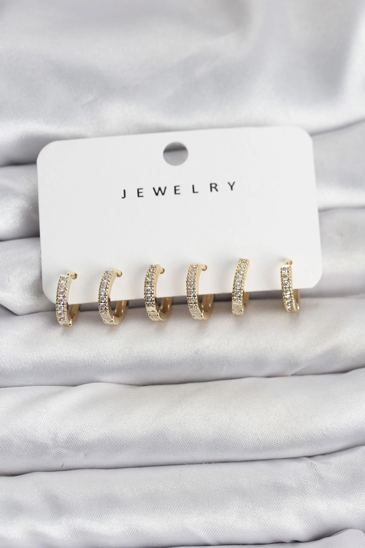 Gold Renk Pirinç Zirkon Taşlı Halka Kadın Küpe Seti