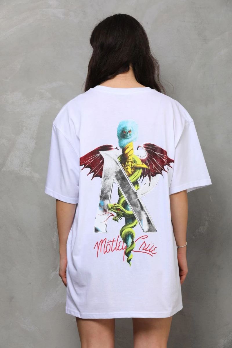 Kadın Baskılı T-Shirt Kısa Kol Bisiklet Yaka Regular Fit Rahat Kalıp Günlük Tişört - Beyaz