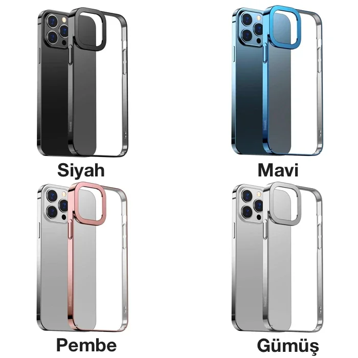 Baseus Glitter iPhone 13 Pro Max 6.7inç Kılıf Renkli Kenar Şeffaf Silikon-(5775)