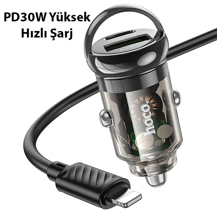 HOCO Z53A Vision PD30W Type-C + USB QC3.0 Girişli Araç Çakmaklık Hızlı Şarj Aleti + Type-C to iPhone-(5775)