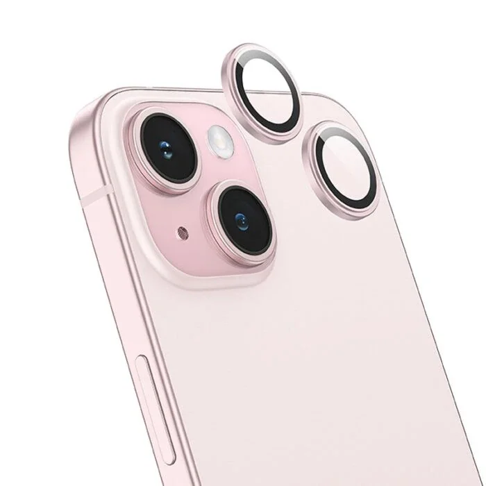HOCO Crystal Clear iPhone 15-15 Plus HD 3D Metal Çerçeveli Kamera Koruyucu Lens-(5775)