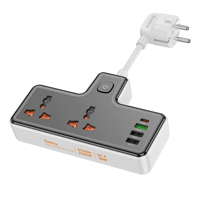 HOCO AC12A 2500W 2 Priz + 3 USB + 30W Type-C Multifonksiyonel Priz Çoğaltıcı Şarj Aleti-(5775)