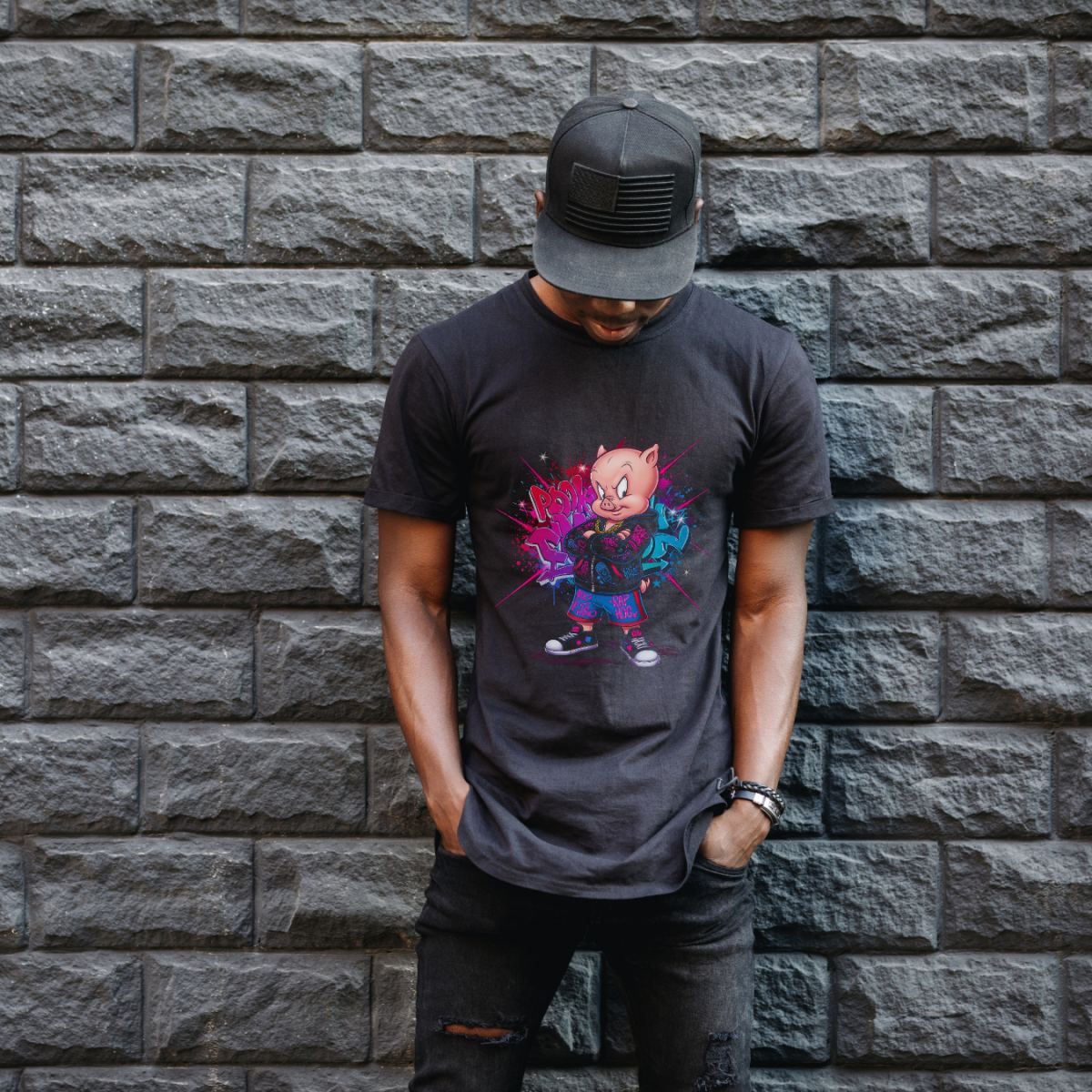 Porky Pig Graffiti Baskılı Unisex Siyah Oversize Tişört - 24/1 Penye