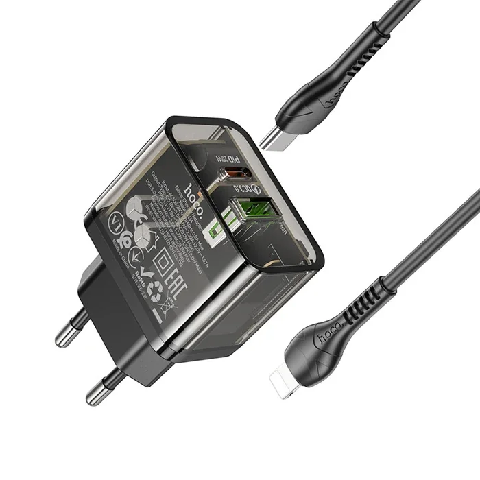 HOCO N34 PD20W USB+Type-C + iPhone Lightning Kablo Hızlı Şarj Adaptör Seti-(5775)