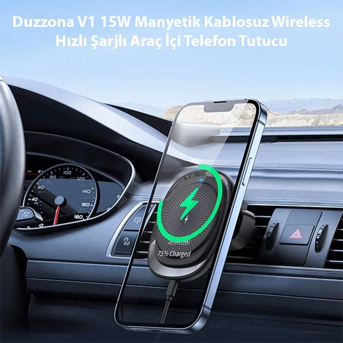 Duzzona V1 15W Manyetik Kablosuz Wireless Hızlı Şarjlı Araç İçi Telefon Tutucu-(5775)