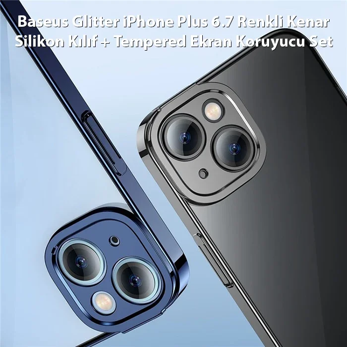 Baseus Glitter iPhone 14 Plus 6.7 Renkli Kenar Silikon Kılıf + Tempered Ekran Koruyucu Set-(5775)