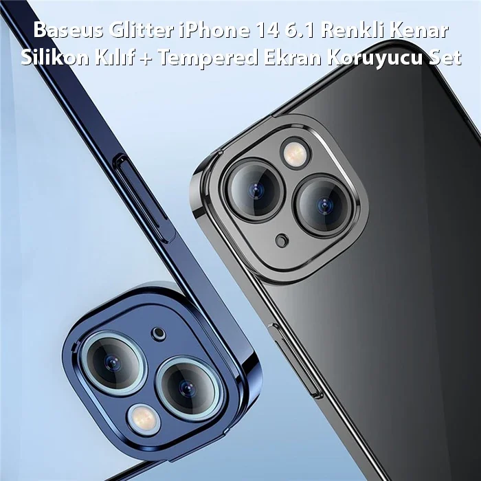 Baseus Glitter iPhone 14 6.1 Renkli Kenar Silikon Kılıf + Tempered Ekran Koruyucu Set-(5775)