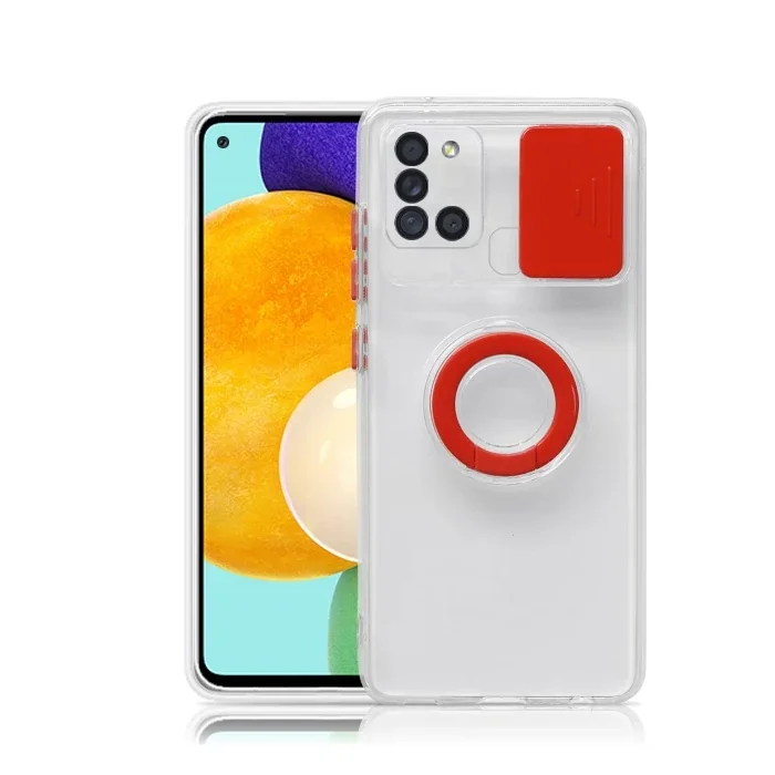 SM Galaxy A21S (SM-A217) Kılıf Sürgülü Kamera Lens Korumalı Yüzük Standlı Silikon Kılıf-(5775)