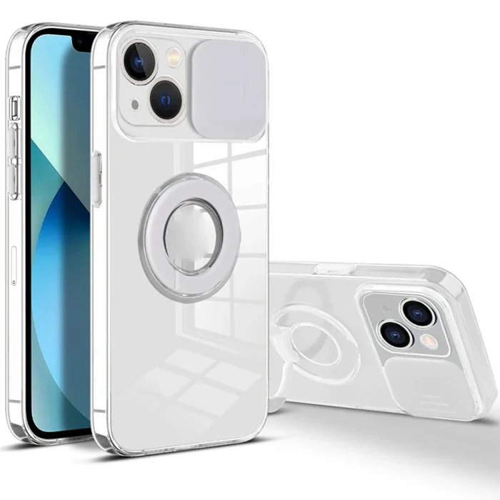 Ally iPhone 13 Mini 5.4inç Kılıf Sürgülü Kamera Lens Korumalı Yüzük Standlı Silikon Kılıf-(5775)
