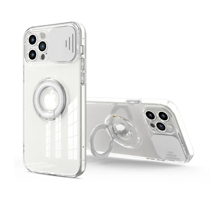 Ally iPhone 13 Pro 6.1inç Kılıf Sürgülü Kamera Lens Korumalı Yüzük Standlı Silikon Kılıf-(5775)